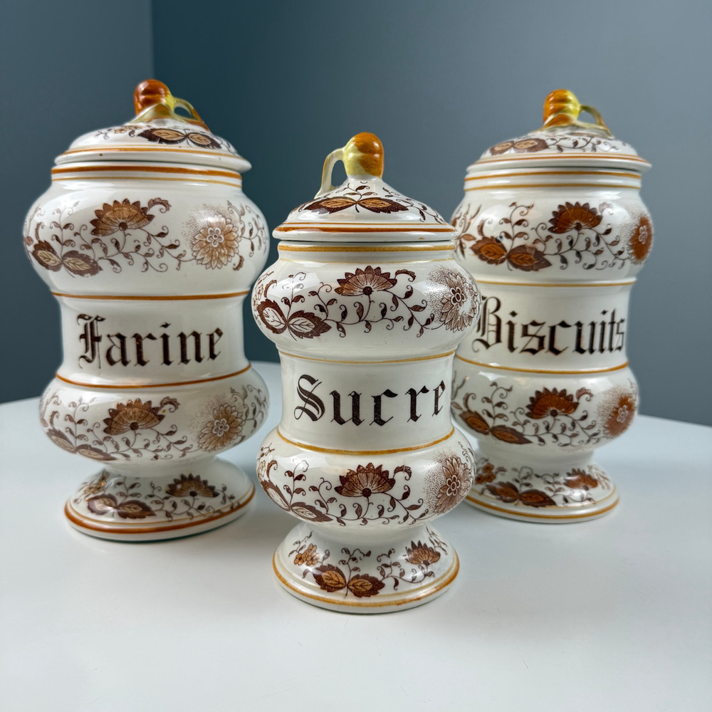 Vtg Arnart Brown Onion ceramic canisters jars set of 3 Farine Sucre Biscuits